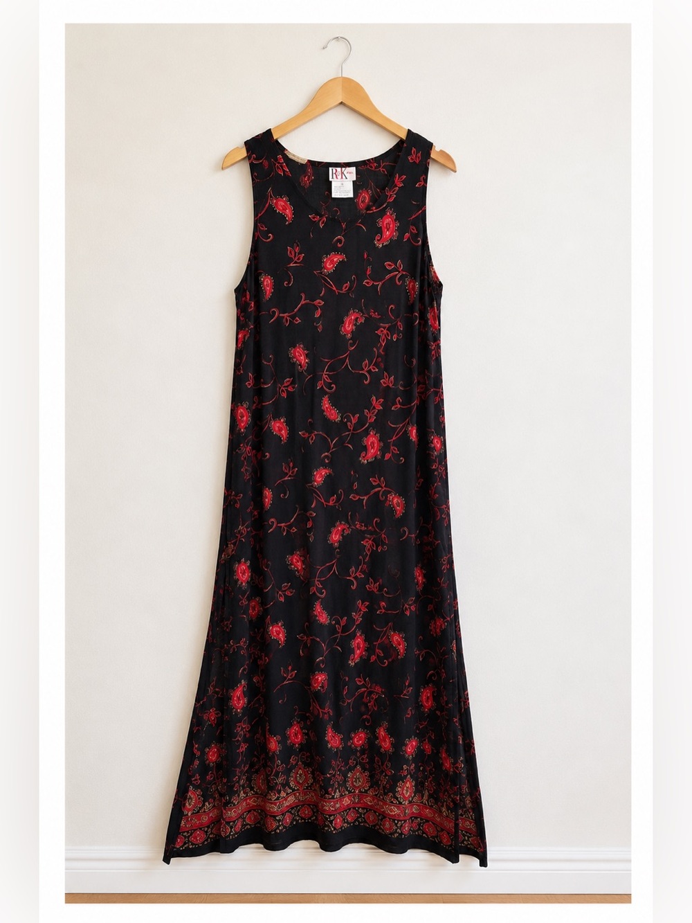 Vintage R&K Originals Black Rayon Red Paisley Floral Sleeveless Maxi Dress 16 L